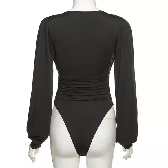 Black Deep V Neck long sleeve Bodysuit - Picture 4 of 14